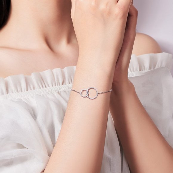 Pretty Double circle Pave 925 Sterling Silver Adjustable Bracelet Chain W/ Charm - Picture 2 of 5